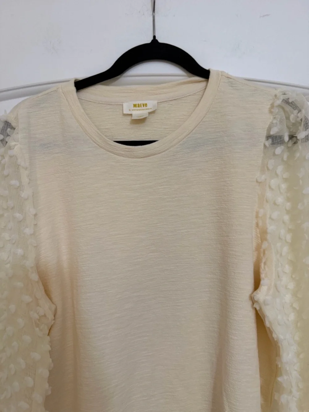 Anthropologie Maeve Cream Swiss Dot Puff Sleeve Blouse Sz Large